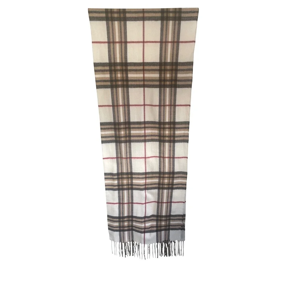 100% Cashmere Plaid Scarf Made in Scotland Cream Tan Black Check Fringe Trim